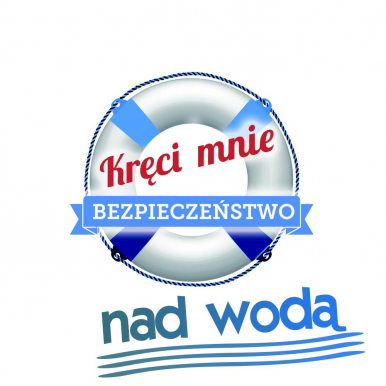 Grafika biało - niebieska  kołó ratunkowe a na nim napis czerwony "Kręci mnie bezpieczeństwo".