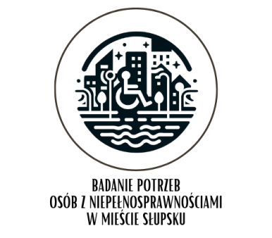 Czarrno-biały plakat z ikoną ludzika na wózku inwalidzkim poruszającym się po mieście z opisem: Badanie potrzeb osób z niepełnosprawnościami w mieście Słupsku