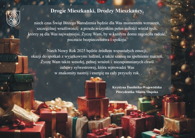 Życzenia świąteczne, tekst jak w artykule, grafika świąteczna, choinka, prezenty z kokardami