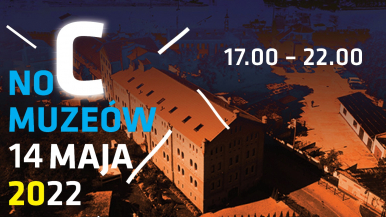 Grafika w brązowej tonacji z budynkiem Galerii w nocy. Noc Muzeów 14 Maja 2022