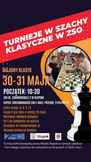 Plakat informacyjny z grafiką szachową i treścią jak w artykule