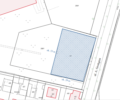 Na zdjęciu widzimy zaznaczoną niebieskim kolorem nieruchomość przeznaczoną do oddania w dzierżawę