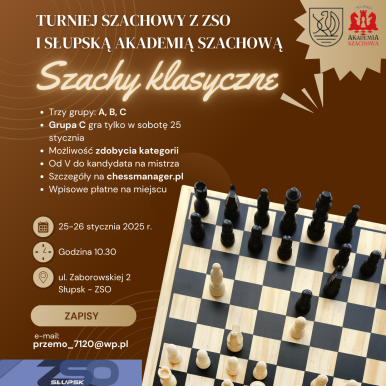 Plakta informacyjny z tekstem jak w artykule i grafika szachowa- figury i plansza szachowa