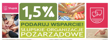 Apel - Podaruj wsparcie! Słupskie Organizacje Pozarządowe! - na obrazkach dłonie osób jedna na drugiej, gest jedności i inna dłoń wskazująca na narysowane kredą serce