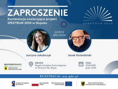 Plakat informacyjny o wydarzeniu, forma zaproszenia na konferencję otwierającą projekt SPEKTRUM 2030 w Słupsku. Na grafice zdjęca prelegentów w kształcie kół, logotypy, informacja o rejestracji na wydarzenie