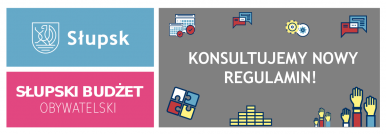 baner z napisem konsultujemy nowy regulamin, logo słupska i napis słupski budżet obywatelski