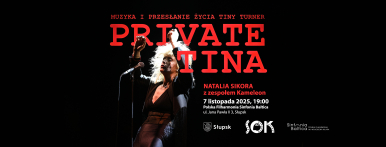 baner koncertu PRIVATE TINA - czarne tło, zdjęcie artystki oraz napisy i logotypy w kolorach czerwonym i białym; informacje na banerze z treści