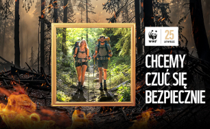 dójka ludzi na spacerze w lesie, nording woking, płonący las w tle