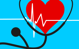 czerwone serce w czarnym stetoskopie na niebieskim tle, z białą linią izoelektryczną przedstawiającą rytm serca
