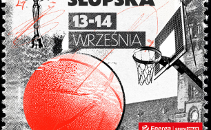 Plakat turnieju z dużą piłką i logami Arki Gdynia, Trefla Sopot, King Szczecin i Energi Czarnych Słupsk.