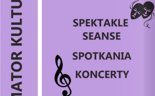 fioletowa okładka informatora kulturalnego na maj 2025, logo słupska