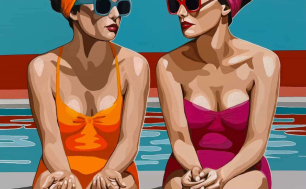 grafika prezentująca dwie kobiety siedzące na brzegu basenu w strojach kąpielowych z okularami przeciwsłonecznymi
