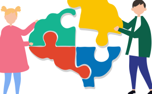 Na zdjęciu chłopak i dziewczyna trzymają kolorowe puzzle w kształce mózgu