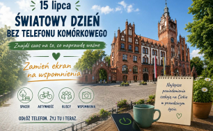 w oddali budynek ratusza miejskiego w Słupsku na pierwszym planie stolik na którym stoi zielony kubek obok niego wyłączony telefon z symbolem włącz oraz notatką najlepsze powiadomienia czekają na Ciebie w prawdziwym życiu, obraz wygenerowany za pomocą AI przedstawiający