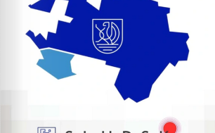 niebiesko-granatowa grafika obrazująca obszar Słupska, napis Słupsk - jesteś w centrum, logotyp