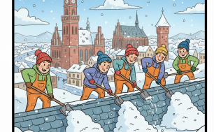 obraz przedstawia odśnieżanie dachu