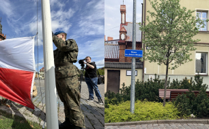 Żołnierze RP wieszający flagę, w tle ratusz, po prawej stronie inne zdjęcie,obrazujące skwer