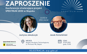 Plakat informacyjny o wydarzeniu, forma zaproszenia na konferencję otwierającą projekt SPEKTRUM 2030 w Słupsku. Na grafice zdjęca prelegentów w kształcie kół, logotypy, informacja o rejestracji na wydarzenie