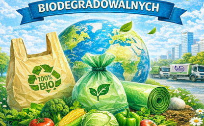 Plakat wydarzenia - Tydzień Worków Biodegradowalnych, napis Dbamy o środowisko, na środku plakatu worki, warzywa, owoce i roślinność