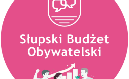 Logotyp SBO - różowe koło, na grafiki przedstawiające dwóch mężczyzn i jedną kobietę, trzymają w rękach pieniądze, za nimi wykres słupkowy przedstawiający wzrost
