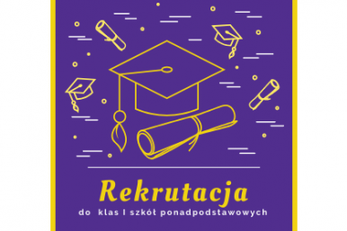 Obrazek przedstawia żółty napis: "Rekrutacja do klas I szkół ponadpodstawowych" na granatowym tle.