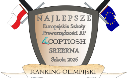 Grafika przedstawia tarczę - znak Srebrnej Europejskiej Szkoły Praworządności RP 2026 przyznany II LO