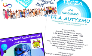 Plakaty informacyjne jak w treści artykułu. Grafiki - niebieska tęcza, dzieci i inni ludzie wokół niebieskiego serca