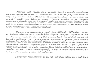 Skan listu od Prezydentki Słupska do Dyrektorki Biblioteki i Współpracowników - w treści artykułu, tekst w nim zawarty