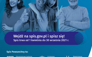 plakat Narodoweggo Spisu Powrzechnego Ludności i Mieszkań; na plakacie cztery osoby - dwóch mężczyzn i dwie kobiety; logotypy oraz dane dot. spisu