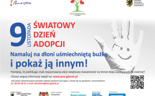 Grafika promująca Światowy Dzień Adopcji z treścią jak poniżej, w artykule, rozbudowanym o nowe informacje plus zdjęcie dłoni z namalowaną buźką