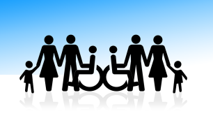 Animowany obraz na biało-niebieskim tle, czarne ludziki trzymające się za rękę, 6 osób dorosłych w tym dwoje na wózku inwalidzkim oraz dwoje dzieci (fot. PIXABAY)