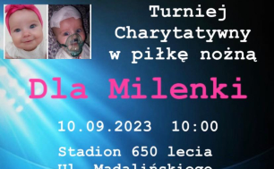 Plakat imprezy: zdjęcie chorej Milenki i zaproszenie na imprezę.