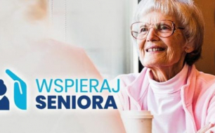 banner akcji Wspieraj Seniora - napis i grafika prezentująca osobę starszą pijącą kawę