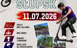 Plakat imprezy z osobami jeżdżącymi na bmx i hulajnodze. Poniżej nich informacje n/t zawodów.