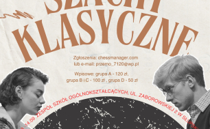 plakat informacyjny z treścią jak w artykule - grafika- mężczyzna i kobieta grający w szachy