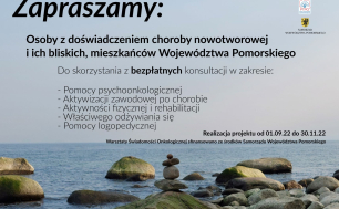 Grafika przedstawia plakat zapraszający osoby z doświadczeniem choroby nowotworowej i ich bliskich do skorzystania z Warsztatów Świadomości Onkologicznej.