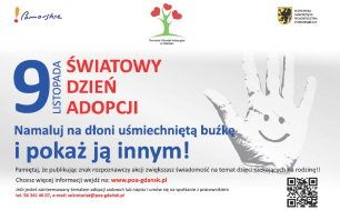 Czerwony napis "Światowy Dzień Adopcji" oraz dłoń z namalowaną buźką symbolizującą ten dzień.