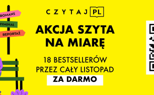 Na żółtym tle kolorowa grafika postacie siedzące na ławce, jeżdżące na deskorolce i spacerujące z psem oraz kod QR umożliwiający pobranie książek do czytania.