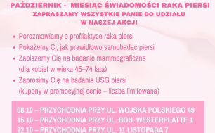 Na zdjęciu plakat informujący o wydarzeniu, w prawym górnym rogu różowa wstążeczka, w lewy górnym rogu logo SPMZOZ w Słupsku