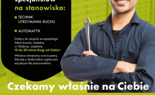 Plakat z mężczyzną w dłoni trzyma metalowy klucz do śrub