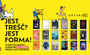 żółty plakat promujący akcje czytelnicza,18 kolorowych okładek książek dostępnych w akcji  Jest treść? Jest forma!