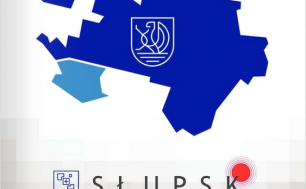 niebiesko-granatowa grafika obrazująca obszar Słupska, napis Słupsk - jesteś w centrum, logotyp
