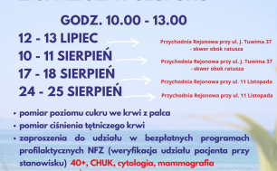 Plakat przedstawia informacje o akcji "Lato z profilaktyką z SPMZOZ W sŁUPSKU".