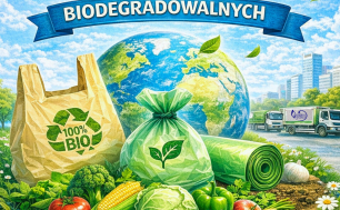 Plakat wydarzenia - Tydzień Worków Biodegradowalnych, napis Dbamy o środowisko, na środku plakatu worki, warzywa, owoce i roślinność