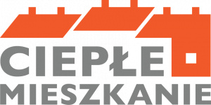 logo programu Ciepłe Mieszkanie, pomorańczowe dachy budynków, szary napis Ciepłe Mieszkanie