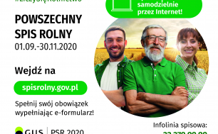 Plakat dotyczący Spisu Rolnego z informacją o numerach telefonu i stronie www, zdjęcie trzech osób na tle pola zbóż