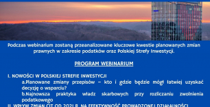 Plakat na niebieskim tle z programem webinarium, logotypami organizatorów i zdjeciem biurowca w tle