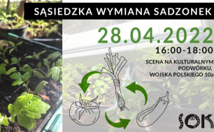 plakat wydarzenia, informacje tak jak w tekście grafika pora, pomidira i bakłażan, w tle zielone sadzonki