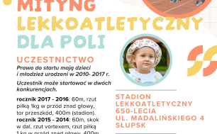 Duży plakat imprezy na nim wszystkie dane dotycząc zawodów, zdjęcie Poli, logo AML i zdjęcia młodych zawodników AML.