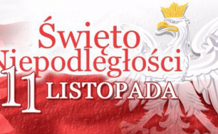 Na tle polskich barw narodowych orzeł biały w koronie i napis 11 listopada Święto Niepodległości